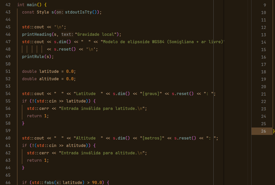 Screenshot of a C++ console app calculating local gravity with the WGS84 ellipsoid model